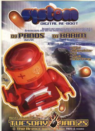 System 6 Digital Re-Boot flyer, Australia Day eve, Tuesday 25 January, at the Arena, Brunswick St, Fortitude Valley, Brisbane. International guests DJ Panos of Amen UK and DJ Karim of Tinrib Records UK, alongside System crew Thief, Ricemeister, BJ, Jen E and Miss Tracy.