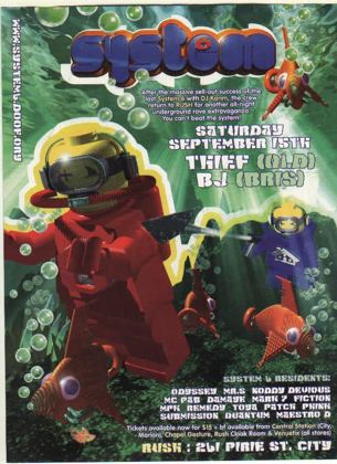 System 6 flyer, Saturday 15 September at Rush, 261 Pirie St, Adelaide. Thief from Queensland and BJ from Brisbane, with System 6 residents Odyssey, Mr S, Noddy Devious, MC Pab, Damage, Mark 7, Fiction, MPK, Remedy, Toya, Patch, Phink, Submission, Quantum and Maestro D.