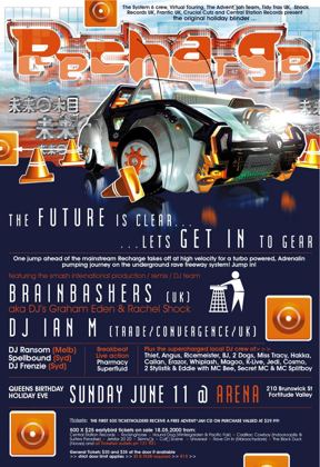 Recharge flyer, Queen's Birthday holiday eve, Sunday 11 June 2000 at the Arena, 210 Brunswick St, Fortitude Valley, Brisbane. Brainbashers from the UK, also known as Graham Eden and Rachel Shock, and DJ Ian M of Trade and Convergence UK, with DJ Ransom of Melbourne, Spellbound and DJ Frenzie of Sydney, breakbeat live action from Pharmacy and Superfluid, and local DJs Thief, Angus, Ricemeister, BJ, 2 Dogs, Miss Tracy, Hakka, Callan, Erazor, Whiplash, Magoo, K-Live, Jedi, Cosmo, 2 Stylistik and Eddie with MC Bee, Secret MC and MC Splitboy.