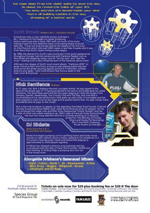 Essensual flyer, reverse side, at the Arena, 210 Brunswick St, Fortitude Valley, Brisbane. Profiles of Scott Brown of Evolution Records, Nick Sentience of Nukleuz and DJ Ricksta from the UK, alongside Brisbane's Essensual mixers Thief, Callan, Mark T, BJ, Ricemeister, K-Live, Miss Tracy, Magoo, Whiplash, Erazor, 2Stylizyik and DJ Rasp.