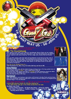 System 6 flyer, reverse side, Saturday 1 July at the Arena, Brisbane. A profile of the Knuckleheadz, Warren Clarke and Jon Langford of Tripoli Trax and Nukleuz, with the all star System crew Thief, Ricemeister, BJ, Miss Tracy, DJ Callan, Split Boy and Secret MC, a House Factory room with DJ Mark T, DJ Wedge, Rasp and Tayar, and a Hyperspeed room with Ricemeister, Erazor, Whiplash, Magoo, K-Live and 2Styliztik.