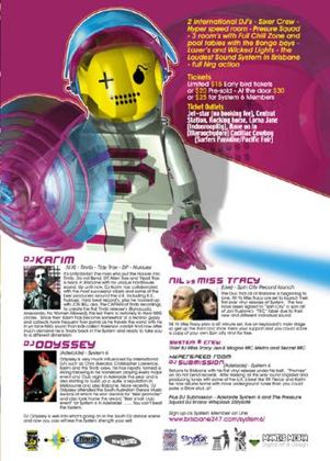 System 6 flyer, reverse side, Saturday 21 July 2001 at the Arena, Brisbane. Profiles of DJ Karim of Tinrib, Tidy Trax, DP and Nukluez, DJ Odyssey of Adelaide and Nil versus Miss Tracy live for the Spin City record launch, with the System 6 crew Thief, BJ, Miss Tracy, Jen E, Magoo, MC Metro and Secret MC, and a Hyperspeed room with DJ Submission of Adelaide, Erazor, Whiplash and 2Styliztik. Three rooms with a full chill zone and pool tables.