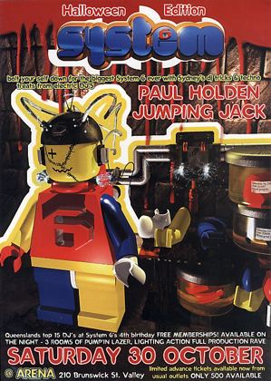 System 6 Halloween Edition flyer, Saturday 30 October 1999 at the Arena, 210 Brunswick St, Fortitude Valley, Brisbane. Sydney's Paul Holden and Jumping Jack, plus Queensland's top 15 DJs across three rooms for System 6's fourth birthday.