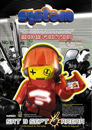 System 6 flyer, Saturday 9 September 2000 at the Arena, 210 Brunswick St, Fortitude Valley, Brisbane. Madam Friction of Nukleuz Records on hard house and nu-NRG, with the all star System crew Thief, BJ, Miss Tracy, Erazor, Magoo, Splitboy and Secret MC.